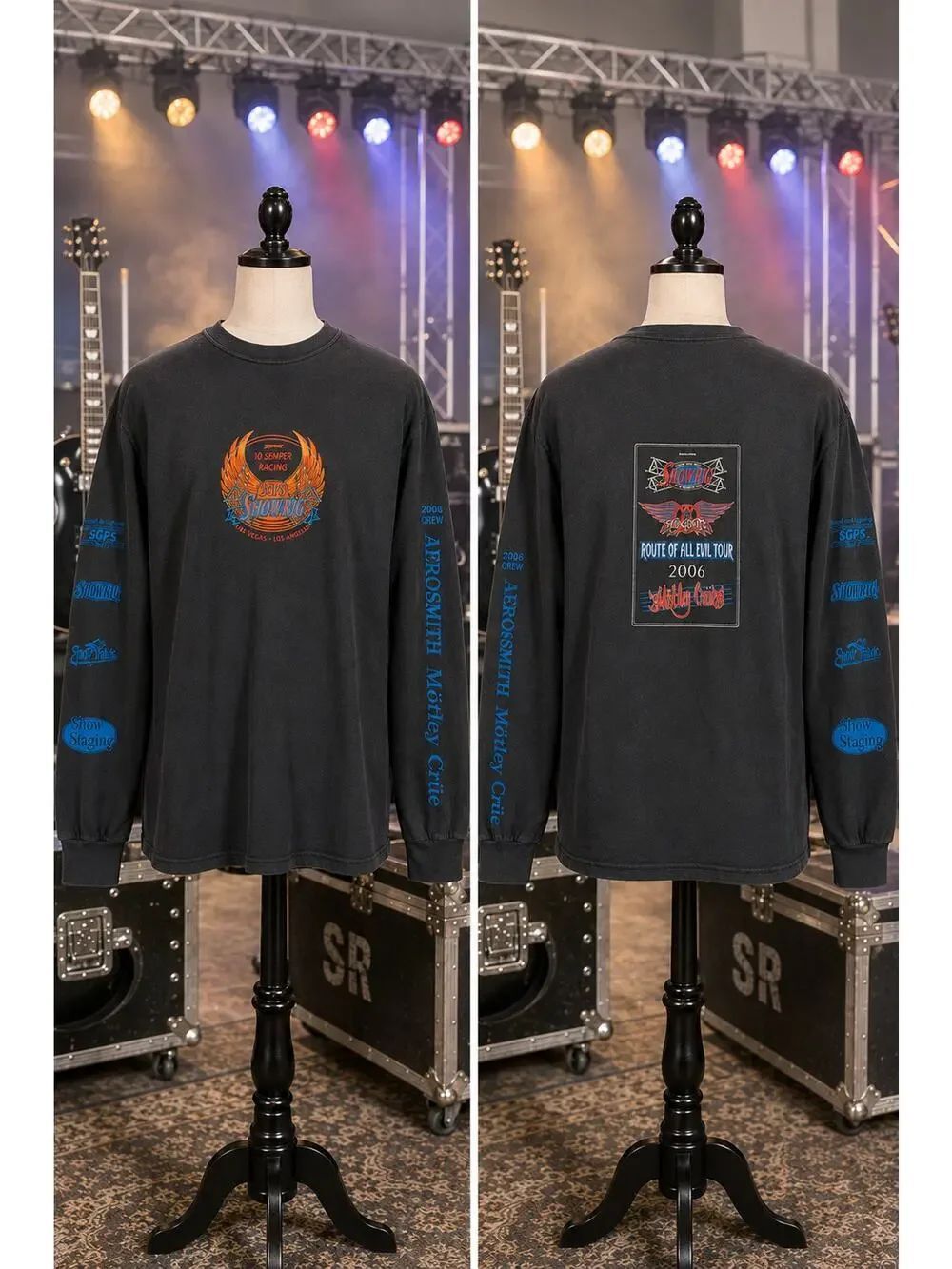 Vintage 2006 Aerosmith Mötley Crüe ShowRig Crew Long Sleeve Tee M Route of Evil